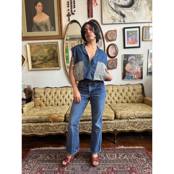 80s Rare Vintage Denim Jacket w Acid Washed Accents Mens Size Small - Picture 6 of 9